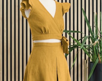 Formal skirt and top set in ocher linen, linen two piece set, short flared skirt and short top, handmade clothing set, versatile women's set