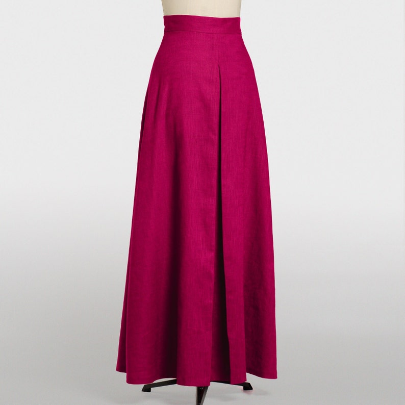 Langes Trompetenrockkleid, Kirsch-Maxirock für Frauen, taillierter Leinenrock mit hoher Taille für Kleid, ausgestellter Faltenrock mit Taschen. Bild 2