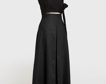 Formal skirt with pockets, linen maxi skirt with pleats, wide and long black skirt, wide waist skirt, evening elegant skirt.