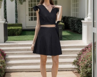 Handmade Black Linen Skirt Set, Ruffle Wrap Top, Pleated Skater Skirt