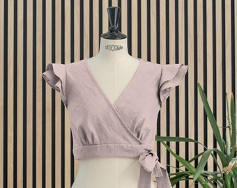 Blouse en lin lilas, haut de couleur claire, haut portefeuille pour femme, chemisier nouée sur le devant, chemisiers fantaisie pour femmes, chemisier à volants, haut de demoiselle d'honneur.