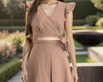 Casual women set of two piece, flared short skirt and crop top, powder skirt and blouse, Tie-Front Crop Top and Skirt Set, Linen Clothing.