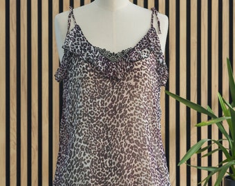 Camiseta sin mangas con estampado de leopardo, top con volante, top con escote volante, top con estampado de leopardo marrón