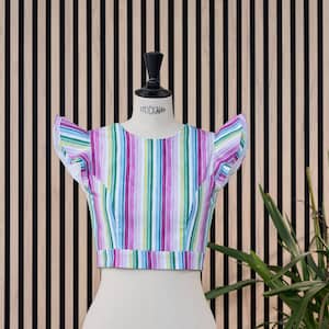 Striped Blouse, Crop Summer Blouse, Top With Tie on the Back, Open Back Blouse, Cotton Blouse for Women, Ruffles Top, Handmade Clothing.