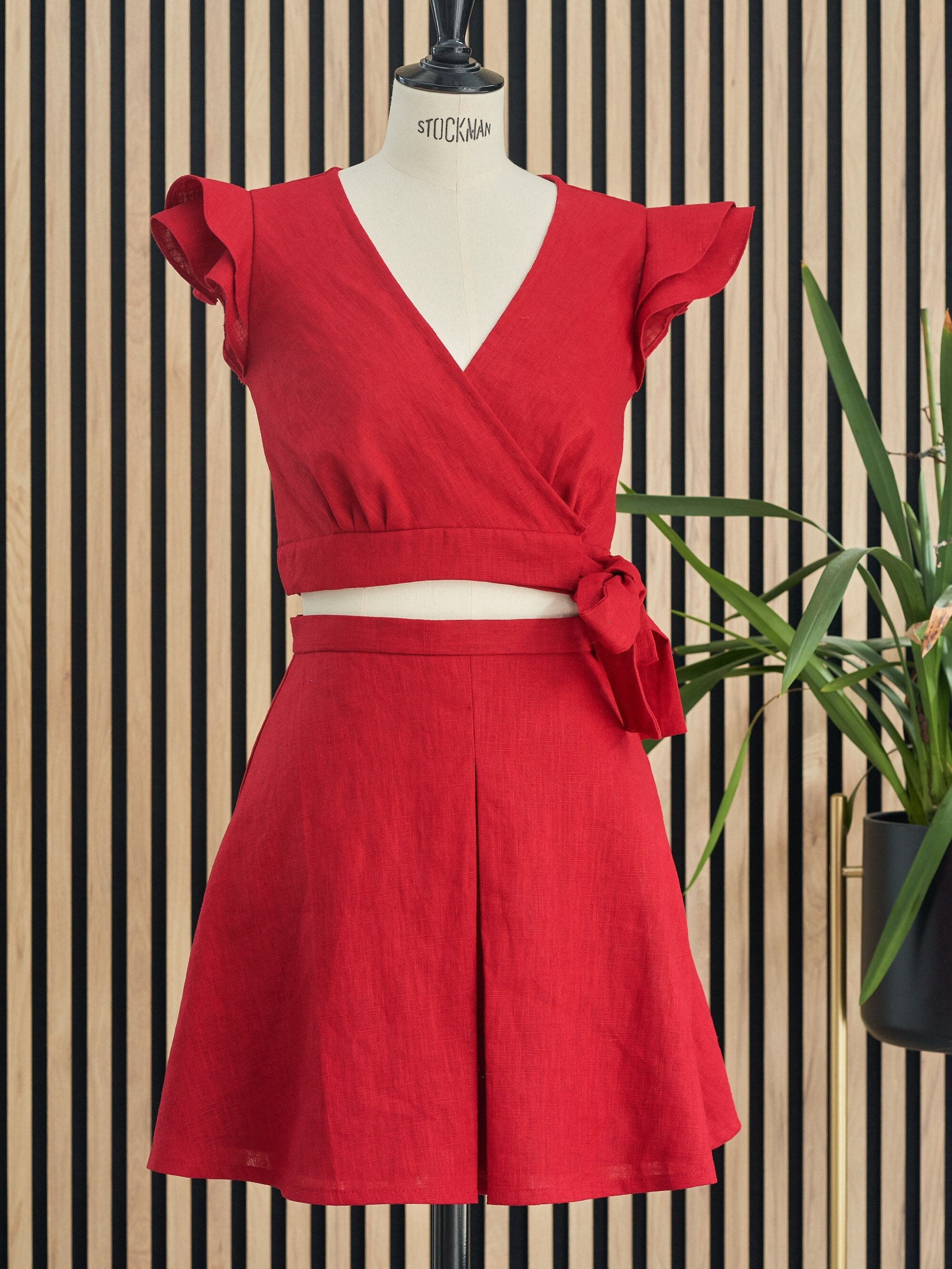 Chic Wrap Crop and Skirt Set, Cognac Linen Set, Elegant Shoulder ...