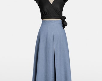 Shadow Blue Handmade Floor-Length Linen Skirt, High Waist Formal Dress