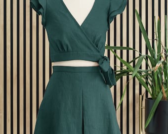 Two piece set for women formal, green linen set, old green skirt and top, Special Occasion Linen Outfit, A-line skirt and fitted blouse set.