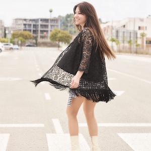kimono lace jacket, black sheer cardigan, handmade kimono with fringes, aesthetic jacket, kimono for events, kimono for women.