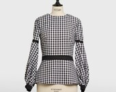Handmade Cotton Peplum Blouse, Black and White Vichy Print, Puffed Sleeve Top