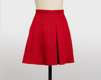 Roter Leinenrock, über dem Knie ausgestellter Rock, formelle kurze Röcke für die Hochzeit, gefütterter Bundrock, A-Linie handgefertigter Rock für Frauen.