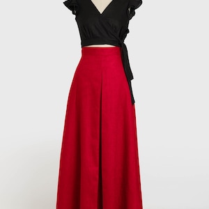 Pleat A-line skirt with pockets for woman, wide and long dark red skirt, red evening skirt, skirt from natural linen, skirt in new color.