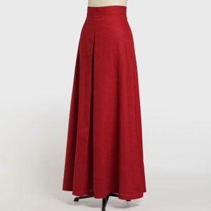 Langes Trompetenrockkleid, Kirsch-Maxirock für Frauen, taillierter Leinenrock mit hoher Taille für Kleid, ausgestellter Faltenrock mit Taschen. Bild 8