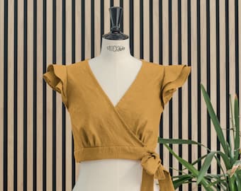Handmade Linen Crop Top, Ocher Wrap Blouse with Ruffle Sleeves