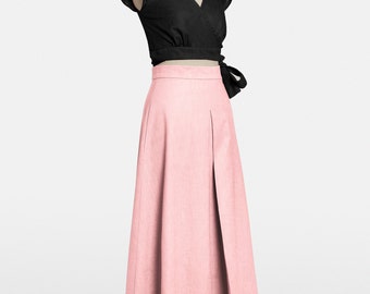 Oudroze rok, lange roze rok, elegante rok vrouw, avondrok cocktail, linnen rok met zakken, brede plooirok voor dames.