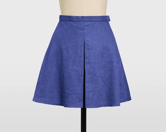 Falda de lino azul Shappire hecha a mano, falda plisada de talle alto con corte en A.