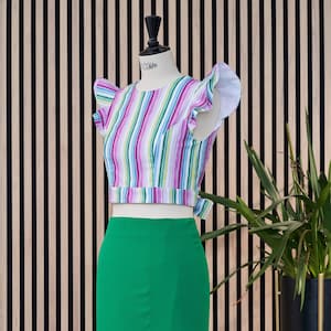 Vibrant Striped Crop Top with Flutter Sleeves and Tie-Back Detail, Summer Chic Women&#39;s Blouse, Sustainable Handmade Cotton Top.