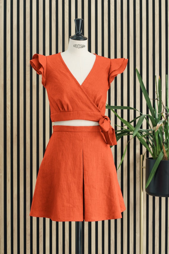 Set Skirt Top Elegant Two Piece Set Wedding Guest Linen Blend Skirt and Top Set Linen Dress Set Orange Pleat Skirt and Crop Top. Etsy
