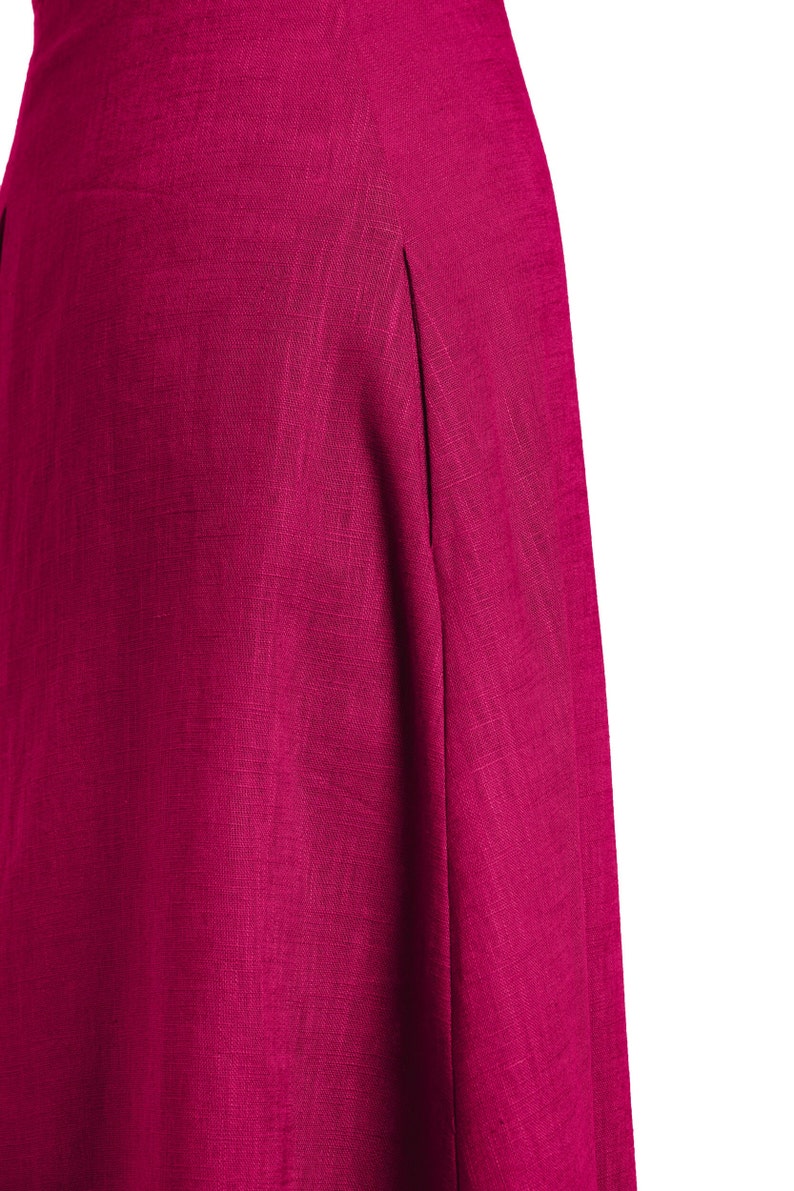 Robe jupe longue trompette, jupe longue cerise pour femme, jupe taille haute ajustée en lin, jupe plissée évasée avec poches. image 5