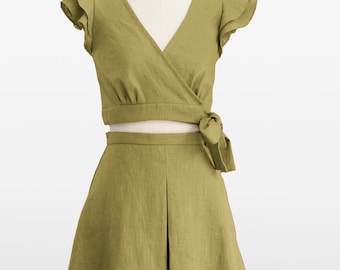 Moss Green - 100% Pure Linen | Linen two piece set  |  Woman top and skirt set |  crop top and short skirt | green ruffled top