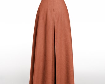 Handmade Linen Maxi Skirt, Cognac Brown A-Line Pleated Skirt