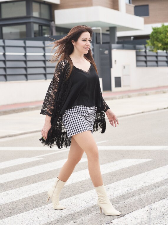 Black and White Short Skirt, Draped Waist Skirt, Plaid Skirt for