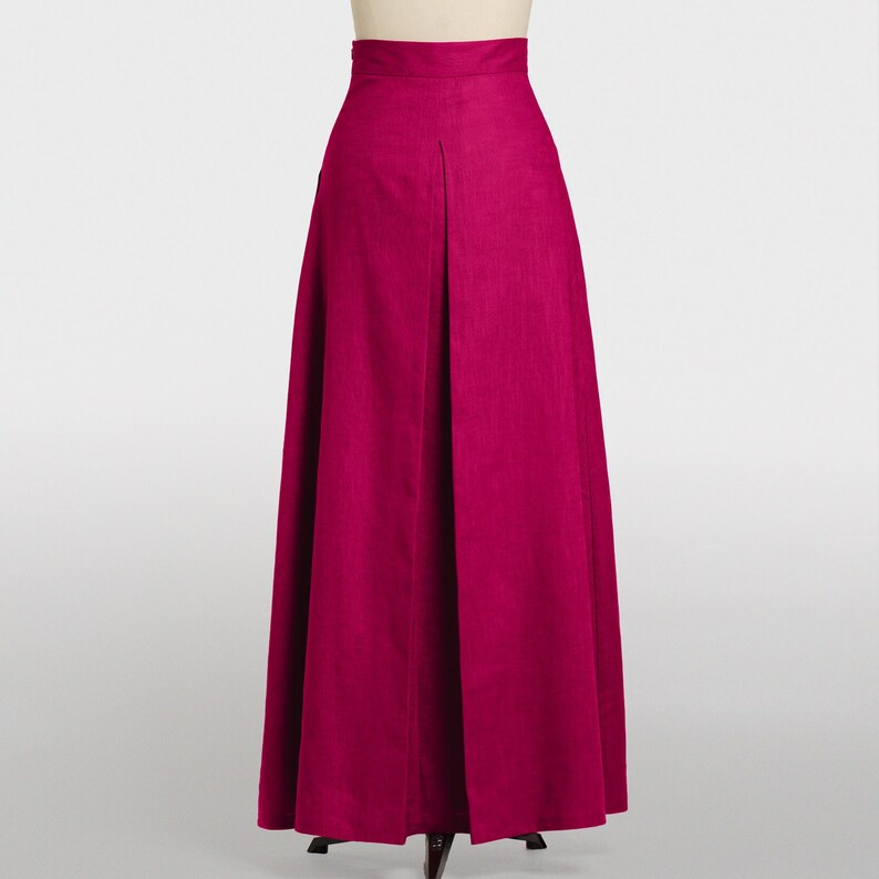 Robe jupe longue trompette, jupe longue cerise pour femme, jupe taille haute ajustée en lin, jupe plissée évasée avec poches. image 3