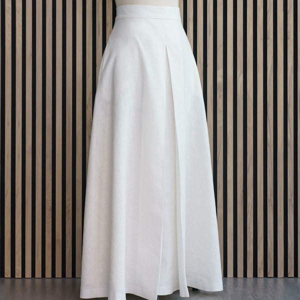 Long Wide Pockets Skirt, Bridal White Linen Maxi Skirt, Heavy Weight Linen Skirt, Natural Linen Clothing, Swing A Line Women Skirt.