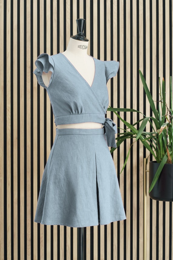 Handmade Light Blue Linen Two Piece Set, Ruffle Sleeve Top, Wedding Guest  Outfit - Etsy