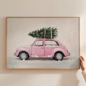 Pink Car with Christmas Tree Print, Retro Oldtimer Wall Art, Snowy Holidays Painting, DIGITAL DOWNLOAD