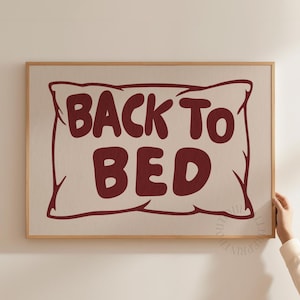 Back To Bed Print, Burgundy Hand Drawn Pillow Poster, Mid Century Modern Bedroom Wall Art