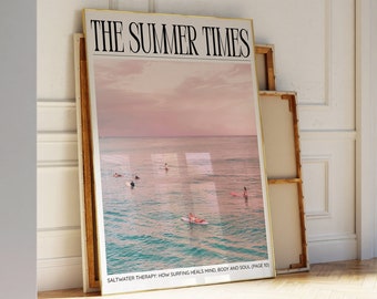 Beachy Coastal Cowgirl Newspaper Wall Art, Retro Magazine Cover, Girly Surf Bar Cart Poster, DIGITAL DOWNLOAD