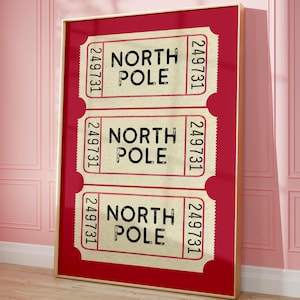 Nordpol Ticket Print, Rote Weihnachtswandkunst, Retro Weihnachtsplakat, Vintage Feiertage Wanddekor