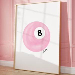 impression de boules de piscine vintage, art mural 8 boules porte-bonheur, affiche rétro dessinée à la main de huit boules, impression porte-bonheur rose, téléchargement numérique