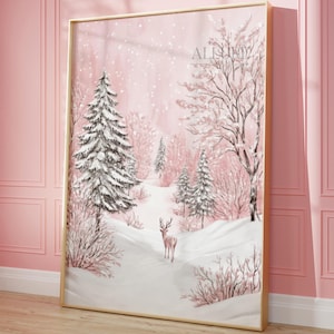 Rosa Winter Wald Druck, verschneite Weihnachtsbäume, Niedliche Reindeer Wandbild, Girly Holidays Poster, DIGITAL DOWNLOAD