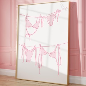 Bikini Print, Pink Beachy Wall Art, Coastal Bikinis on Clothesline Poster, Girly Summer Dorm Printable, DIGITAL DOWNLOAD