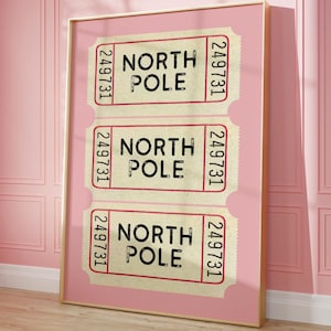 Nordpol Ticket Print, Rosa Weihnachtswandkunst, Retro-Weihnachtsplakat, Vintage Feiertage Wanddekor