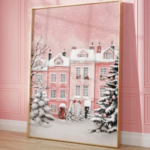 Pink Winter Village Print, Snowy Christmas Town Poster, DIGITAL DOWNLOAD