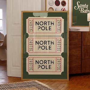 Nordpol Ticket Print, Grüne Weihnachtswandkunst, Retro Weihnachtsplakat, Vintage Feiertage Wanddekor