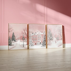 Pink Winter Village Prints Set of 3, Christmas Town Gallery Bundle, DIGITAL DOWNLOAD
