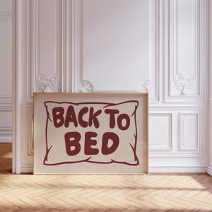 Back To Bed Print, Burgundy Hand Drawn Pillow Poster, Mid Century Modern Bedroom Wall Art
