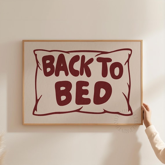 Back To Bed Print, Burgundy Hand Drawn Pillow Poster, Mid Century Modern Bedroom Wall Art, Retro Typography Printable, DIGITAL DOWNLOAD