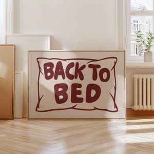 Back To Bed Print, Burgundy Hand Drawn Pillow Poster, Mid Century Modern Bedroom Wall Art
