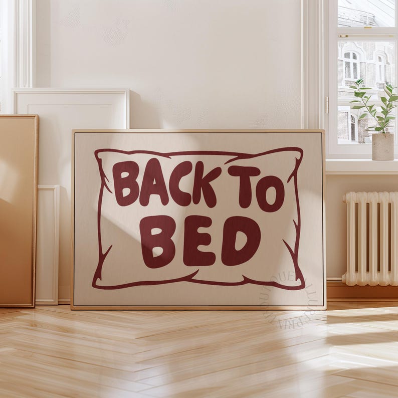 Back To Bed Print, Burgundy Hand Drawn Pillow Poster, Mid Century Modern Bedroom Wall Art