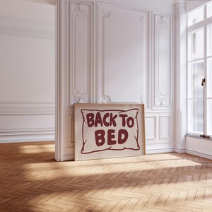 Back To Bed Print, Burgundy Hand Drawn Pillow Poster, Mid Century Modern Bedroom Wall Art