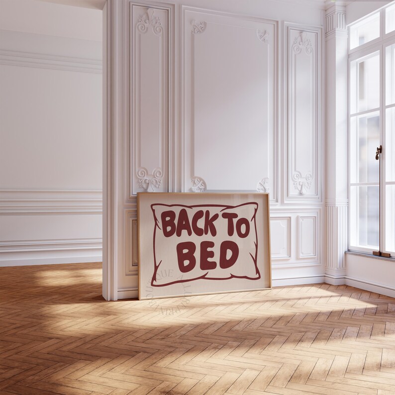 Back To Bed Print, Burgundy Hand Drawn Pillow Poster, Mid Century Modern Bedroom Wall Art