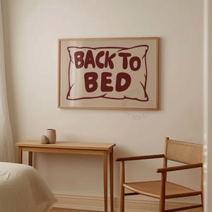Back To Bed Print, Burgundy Hand Drawn Pillow Poster, Mid Century Modern Bedroom Wall Art