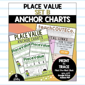 May include: Educational place value anchor charts set B featuring digital links, print or trace options, and six slides. The charts include columns for thousands, hundreds, tens, and ones, with examples of word form, expanded form, and standard form.