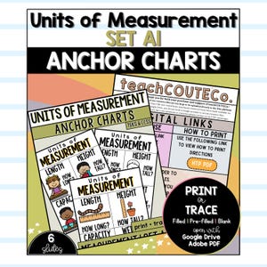 May include: Educational anchor charts titled Units of Measurement Set A1 featuring illustrations of length, height, and capacity. Includes digital links, print or trace options, and six slides for classroom use with text in black, white, and tan.