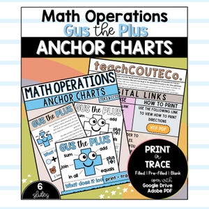 May include: Math Operations Gus the Plus anchor charts featuring educational slides with a blue plus sign character, addition terminology, and digital links. Includes print or trace options, filled, pre-filled, and blank versions for Google Drive and Adobe PDF.