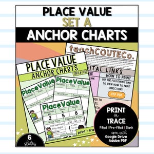 Peut inclure: Tableaux d'ancrage éducatifs sur la valeur de position avec des colonnes pour les centaines, dizaines et unités. Inclut des étiquettes comme Place Value, Word Form et Expanded Form, des dessins d'enfants et un badge noir Print or Trace.